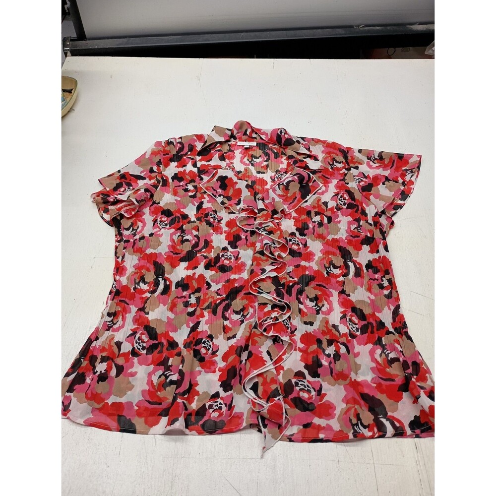 Fashion Bug Blouse Top 2X Floral Button Up Short Sleeve Ruffle Accents